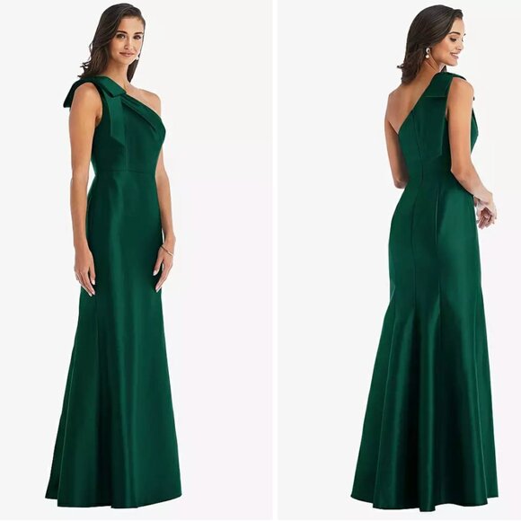 Alfred Sung D794 Bow One-Shoulder Satin Trumpet Gown Hunter Green Sz 14 NWT FLAW - Picture 2 of 14